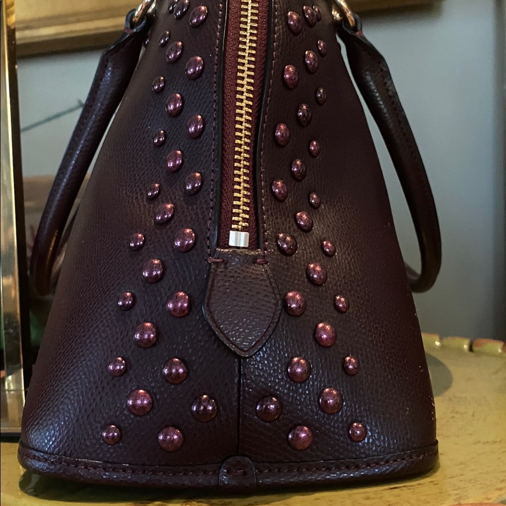 Coach Cora Domed Satchel with Border Studs in Burgundy Crossgrain Leather - Picture 3 of 13